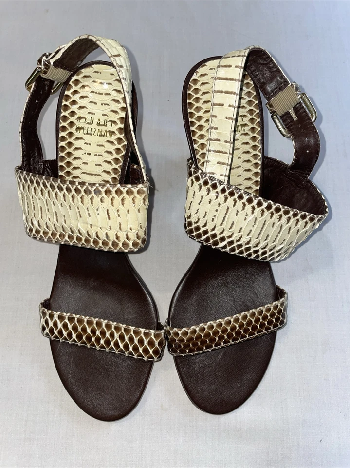 Stuart Weitzman Dress Shoes Womens 9 M Tan Brown Snakeskin Ankle Strap Buckle - Image 4 of 4