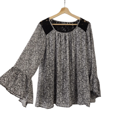 Roz & Ali Black Gray Floral Back lace Trim Bell Sleeve Shirt Blouse Top Size L