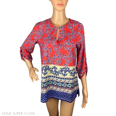 Daniel Rainn Anthropologie Red Floral Peasant 3/4 Sleeve Blouse Top Size XSmall