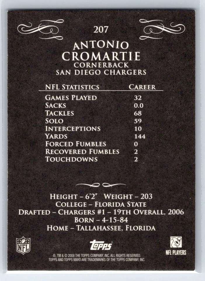 2008 Topps Mayo Antonio Cromartie San Diego Chargers #207 - Image 2 of 2