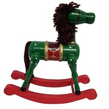 Vintage Classic Green and Red Wooden Rocking Horse w/Yarn Mane Christmas Decor