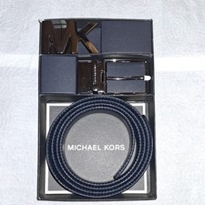 Michael Kors Men's Blue Belt Set with Logo Buckle, Adjustable Designer