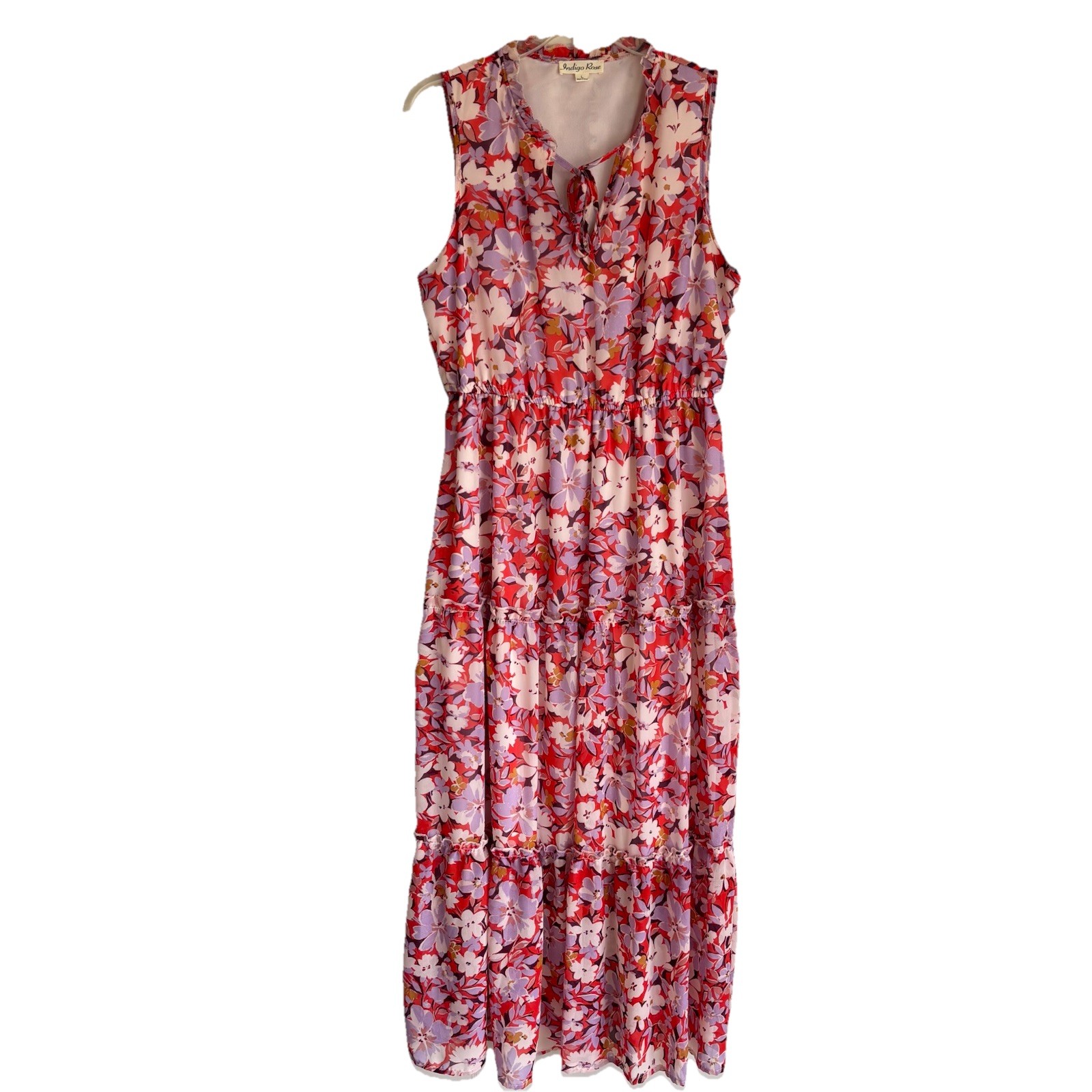 Indigo Rose Sz L Floral Sleeveless Maxi Dress Tiered Lined Tie Front V-Neck