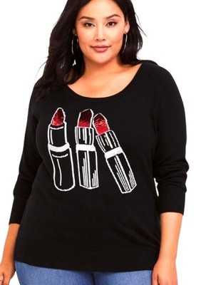 Torrid Womens Sequined Lipstick Knit Cotton Sweater Size 1 Black Red Long Sleeve