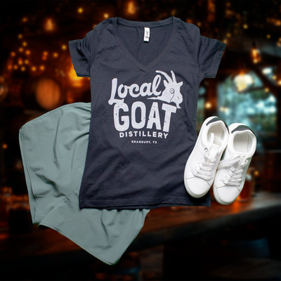 Local Goat Distillery Women s V-Neck T-Shirt   Black or Gray   S to 3XL