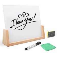 Desktop Glass Whiteboard with Wood Base, Small Whiteboard Glass Dry Erase Boa...
