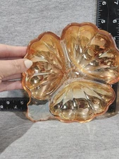 Vintage Jeannette Marigold Carnival Glass Clover Divided Trinket Candy Dish