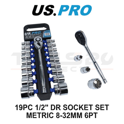 US PRO Tools 19 Stck. 1/2'' dr metrischer Steckschlüsselsatz, Steckdosen, Ratsche 8 bis 32 mm 3270
