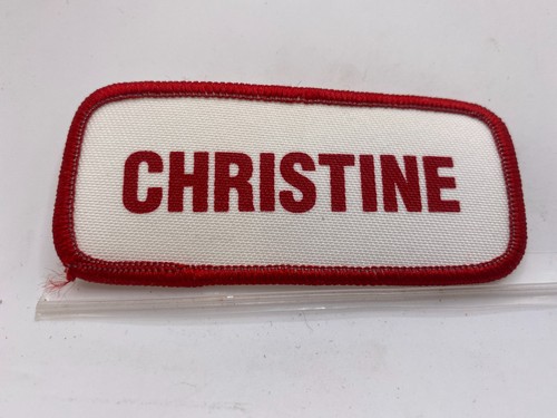 CHRISTINE  USED SILK SCREEN VINTAGE SEW ON NAME PATCH TAGS BOLD RED ON WHITE