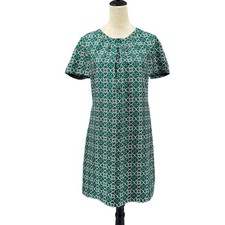 J. Crew 8 Green & Pink Geometric Print Fit and Flare Short Sleeve Satin Dress