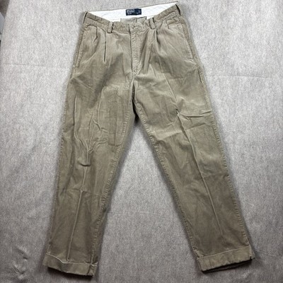 POLO RALPH LAUREN Corduroy Hammond Pants Mens 34x30 Tan Pleated Cuffed Cotton