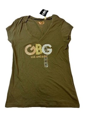 GBG Los Angeles T Shirt Womens Medium Olive Green Glitter V Neck Tee New NWT