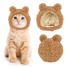 Cute Cat Costume Warm Bear Hat Adjustable Soft Small Pet Headwear for Brown