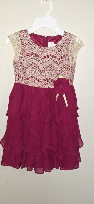 Rare Editions Girls Fit & Flare Dress Burgundy Lace Flower Ruffle 6X Party