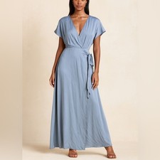 Azazie Nico Dusty Blue Stretch Satin Dress Women’s Size A18 Formal Gown NWT