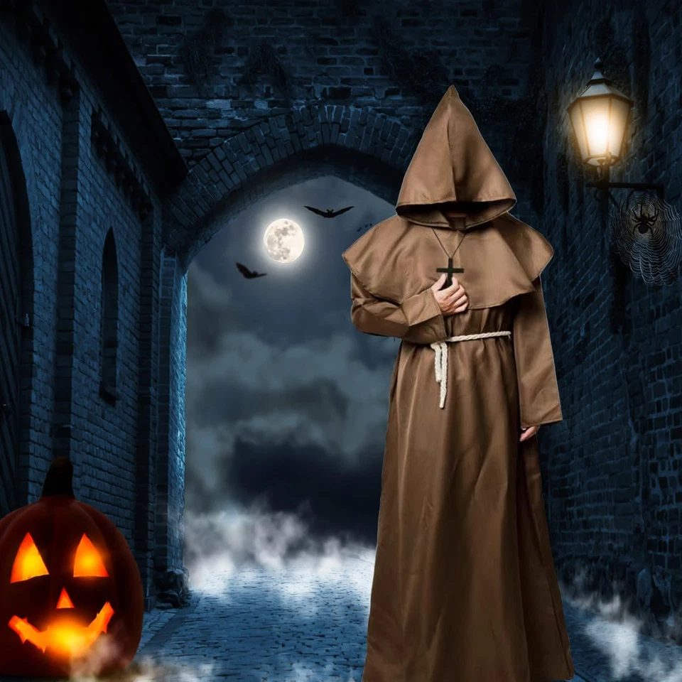 Mönch Robe Priester Kostüm Herren Halloween Kapuze Kreuz Mittelalter Renaissance - Bild 4 von 4