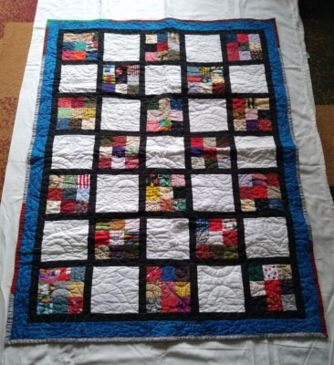 Blue Trim  Block with Little Blocks Lap Quilt or Baby Quilt Colorful Purple Back