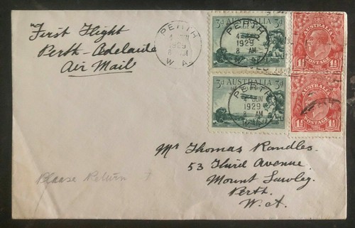 1929 Perth Australia First Flight Airmail Cover FDC To Adelaide - Picture 1 of 2