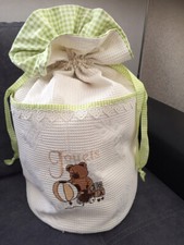 SAC RANGEMENT LINGE BÉBÉ VERT ANIS broderie  jouets ourson écru dentelle neuf