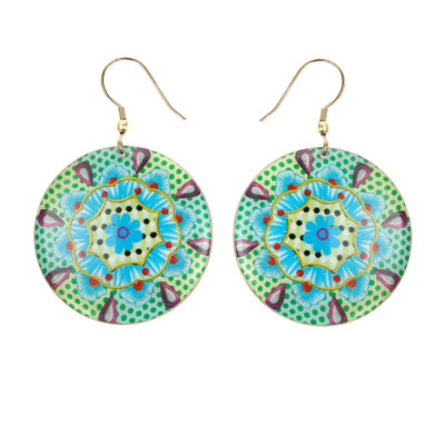 Ohrringe Mandala Design blau grün Türkis Blume Metallscheibe Handarbeit in Indien