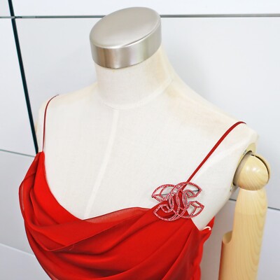 CHANEL Gunmetal Silver CC Logos Red Rhinestone Pin Brooch #701c