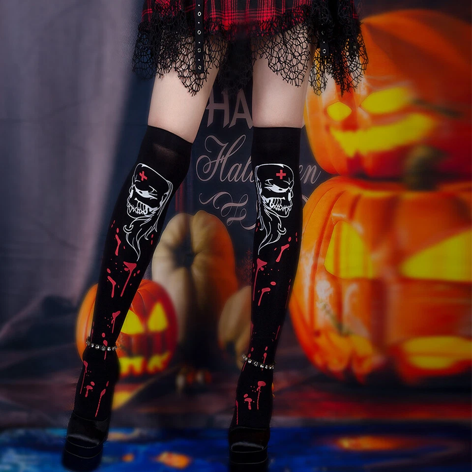 Printed Socks Halloween Socks Thigh High Socks Hosiery Long Stockings Stretch↔ - Image 3 of 4