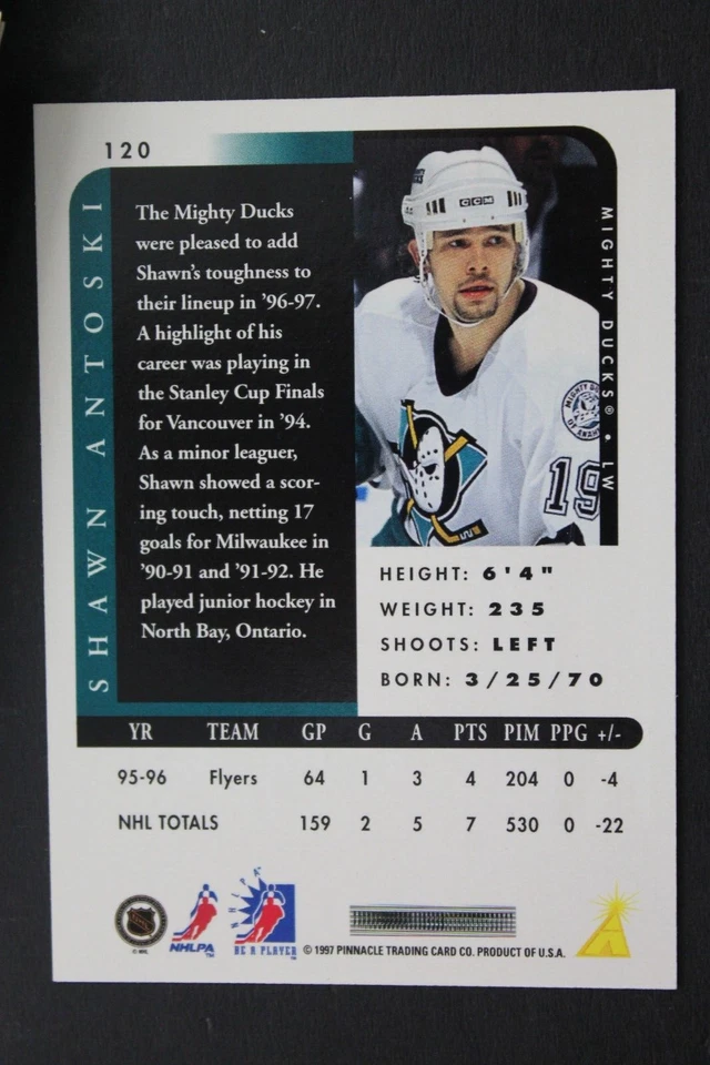 Shawn Antoski Mighty Ducks Autographed Signed 1997 Pinnacle #120 Hockey Card  - Image 2 of 3