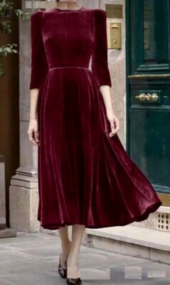 Elegant Maroon Velvet Midi Gown Wedding Bridesmaid Christmas Party Wear  Dress | eBay