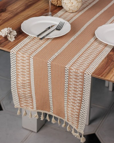 Table Runner Knitted Tasseled Organic Cotton Green, Beige, Brown 35cm x 145cm - Picture 11 of 94