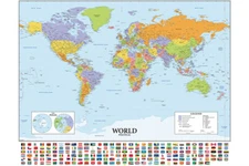 150x100cm World Map With Flags Educational Geography Print Poster Art Wall