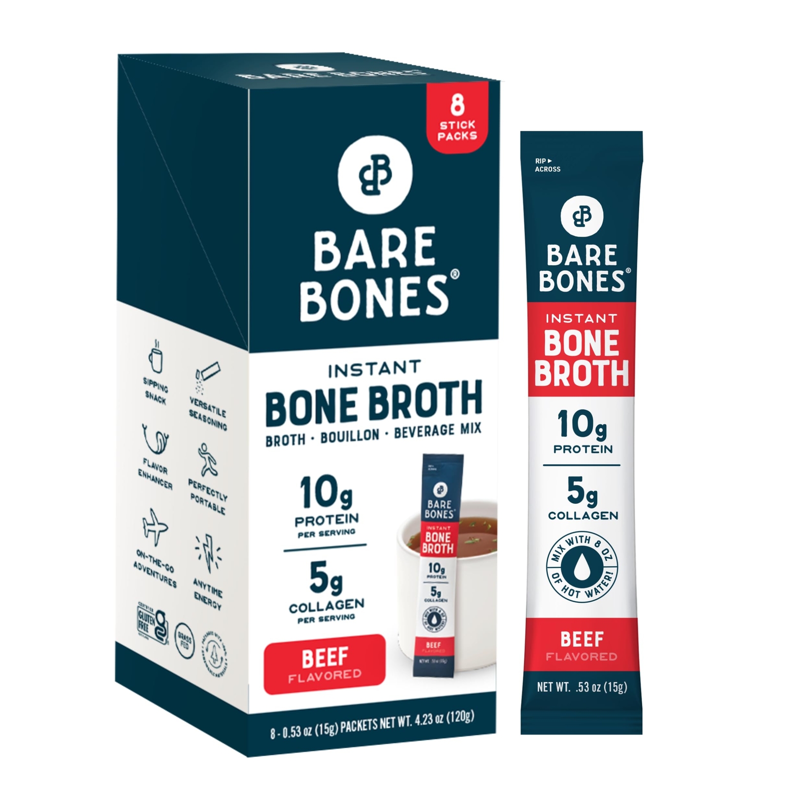 Bare Bones Beef Bone Broth Instant Powdered Mix | Rich Savory Packets on-the-...