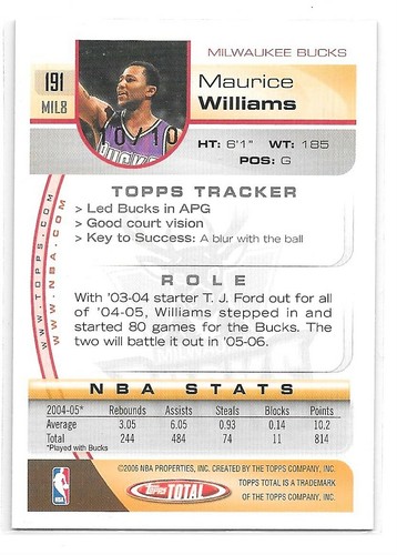 2005-06 Topps Total Gold Parallel #191 Maurice Williams 10/10 - Picture 2 of 2