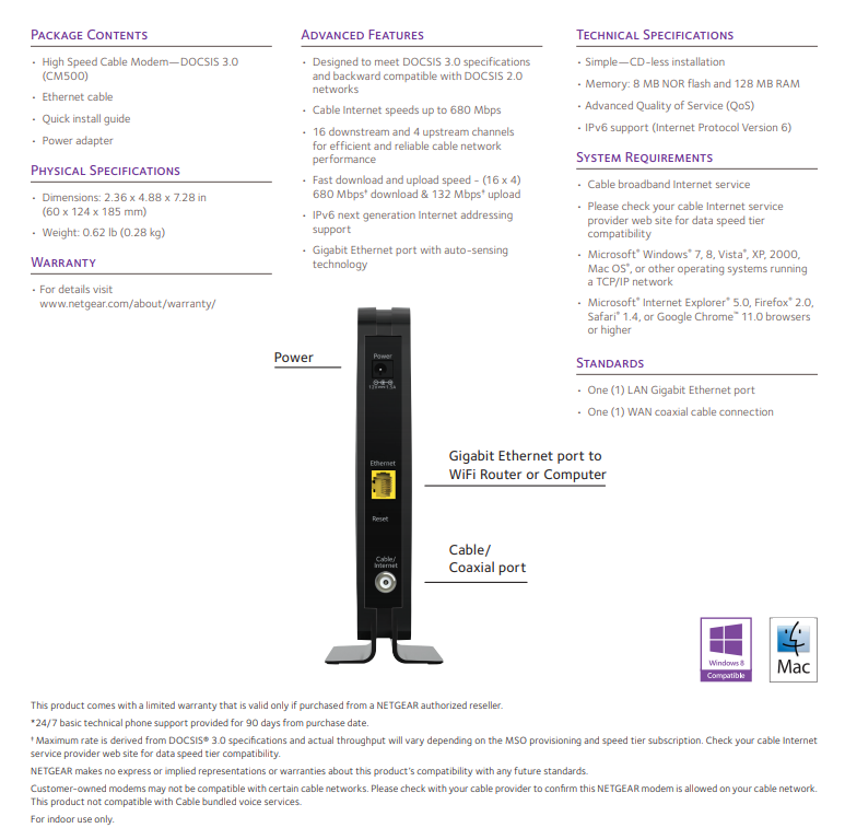 Netgear Cm500v 16x4 Docsis 3 0 680mbps High Speed Cable Modem With Voice Phone Jack For Sale Online Ebay