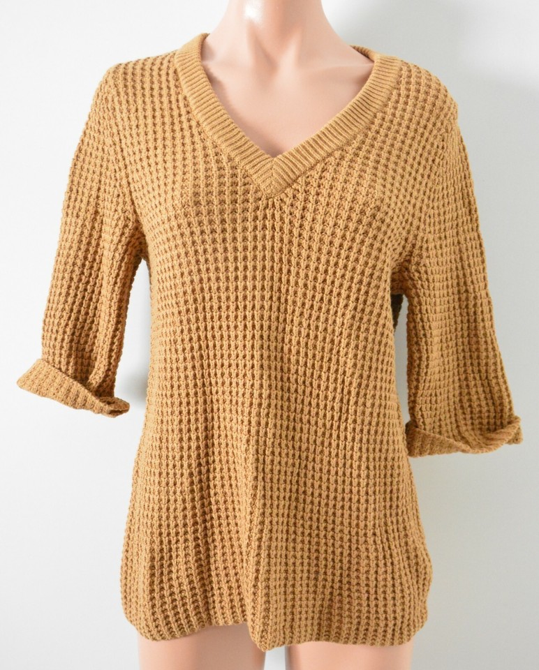 Lands End Jumper Womens Size XS Cable Knit Brown Cotton Blend 3/4 Sleeve Knit