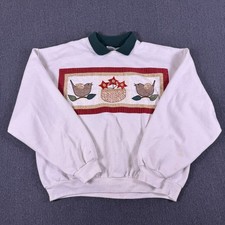 Vintage JERZEESS Womens White Soft Birds Basket Embroidered Sweatshirt Size L