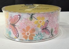 2.5" 50 yds Wired Edge Ribbon Multi-Colored Pink, Yellow Floral with Butterflies