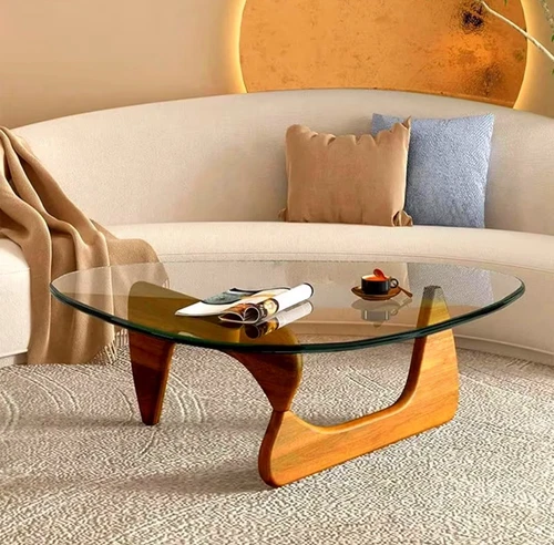 Noguchi Coffee Table Triangle Glass Top Premium Solid Hardwood Base Walnut