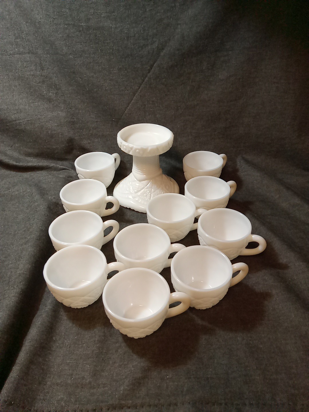 McKee Glass The Concord Milk Glass  11 Cups And Punch Bowl Base