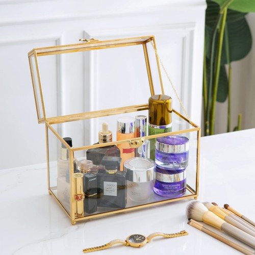 Large 10“ Geometric Terrarium Gold Brass Glass Card Box Vintage Rectangle - Picture 3 of 8