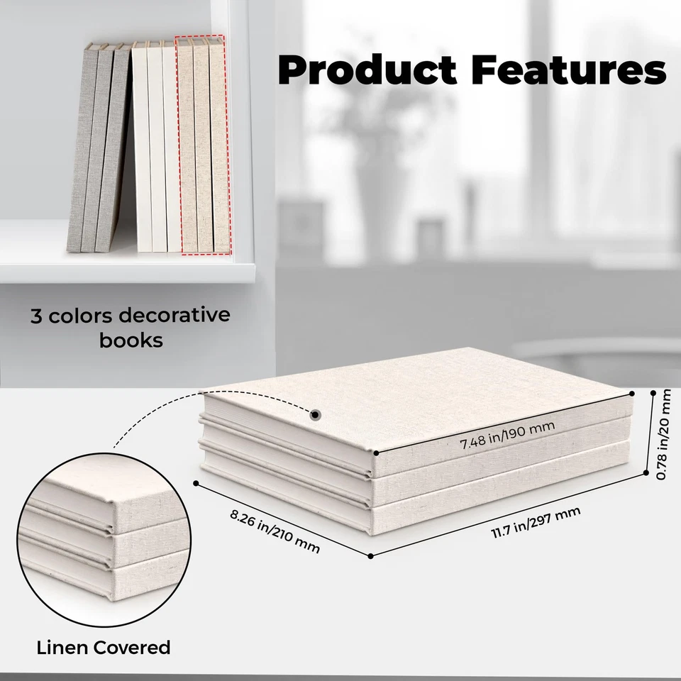 Decorative Book Set | Set of 3 Real Linen Covered Book Set | Extra Large Book... Foto 4 de 4
