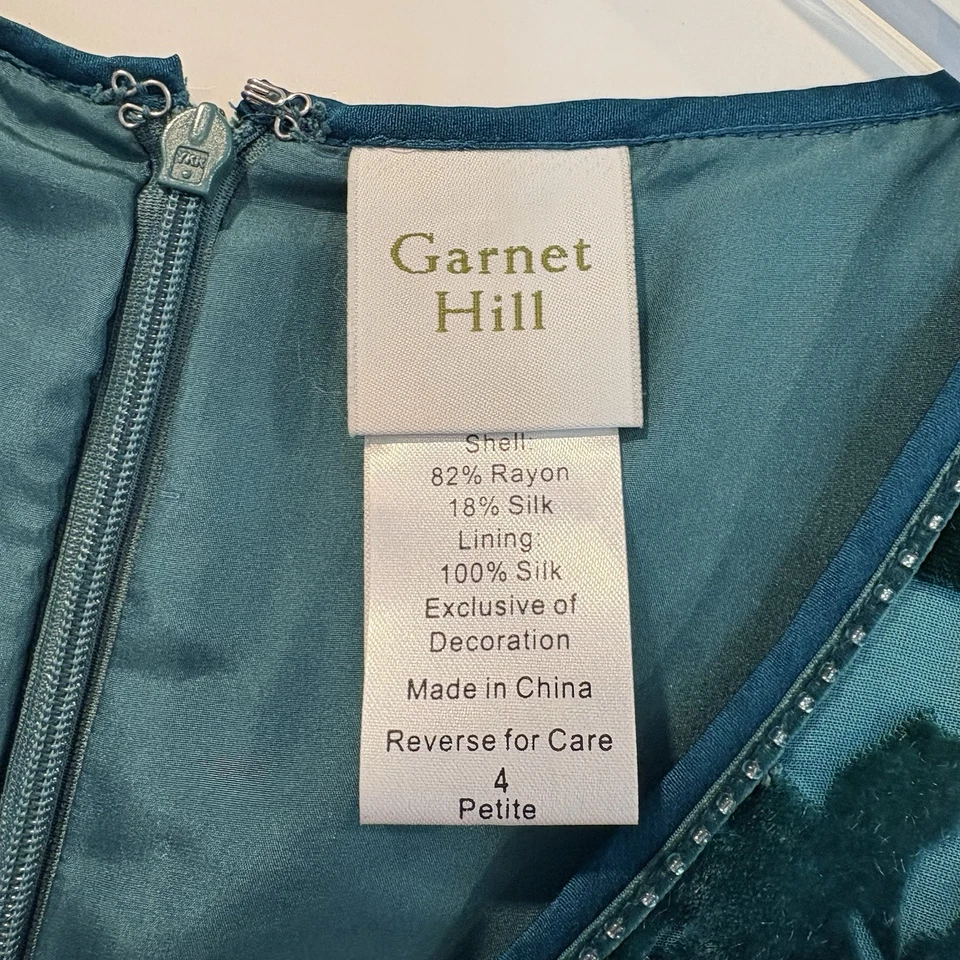 Garnet Hill Womens Teal Green Floral Silk Beaded Velvet Burnout Dress Size 4P - Image 3 of 4