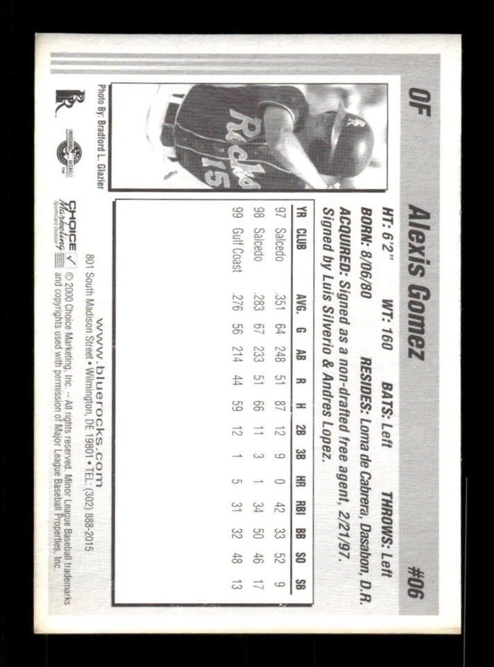 2000 Choice Wilmington Blue Rocks 6 Alexis Gomez VG cond  BXCP31 - Image 2 of 2