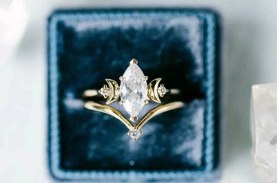 1.60Ct Marquise Cut Moissanite Bride Set Wedding Ring 14K Yellow Gold Plated