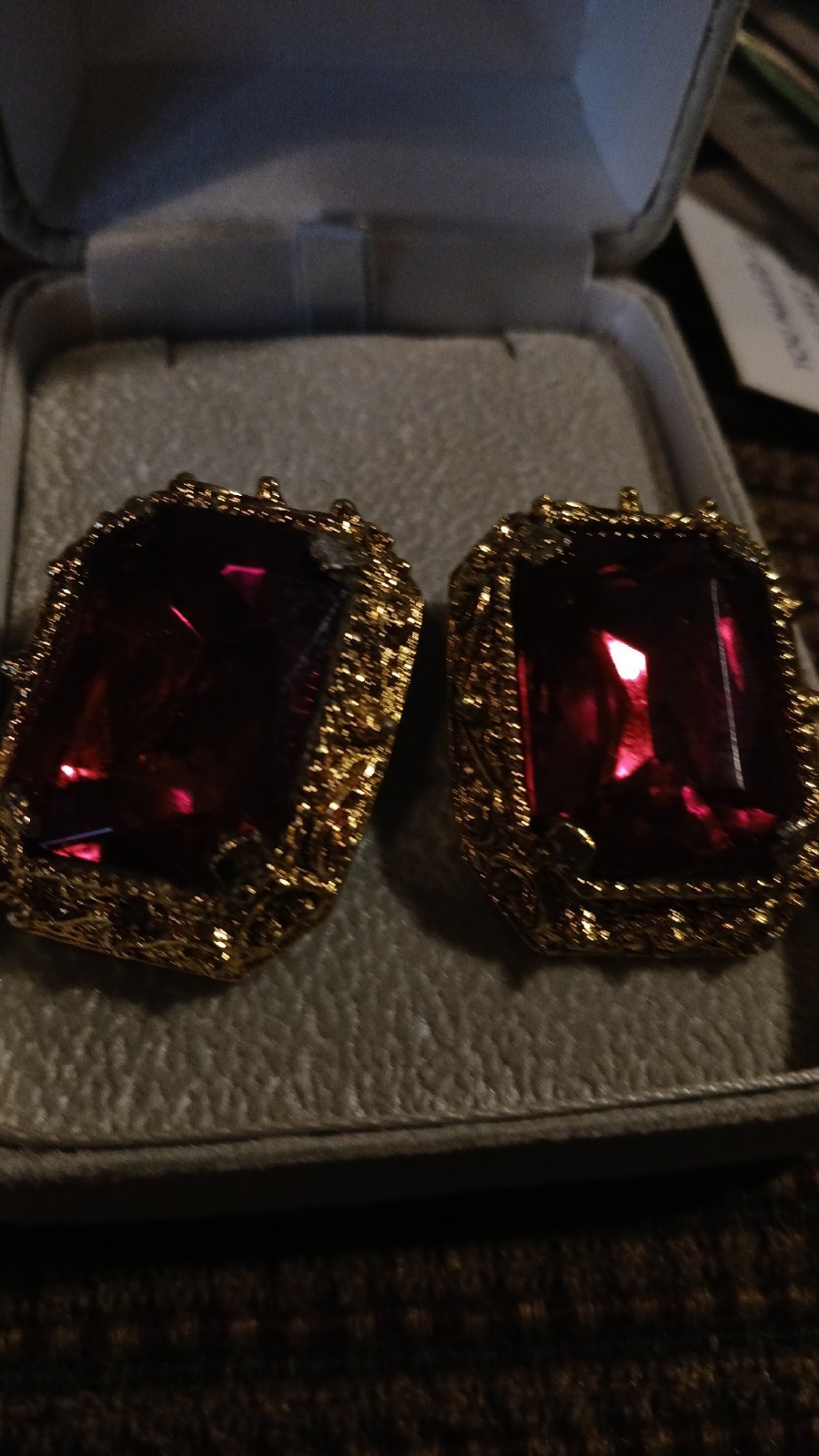 Ruby Red Emerald Cut Rhinestone Earrings - image 1