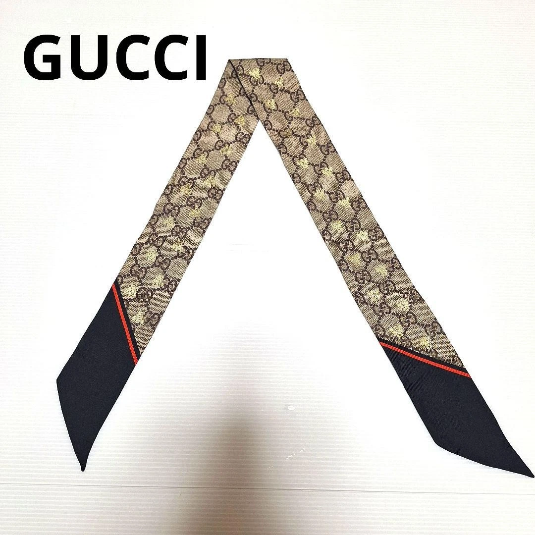 Authentique écharpe nœud col 100% soie motif GUCCI GG marron beige du Japon