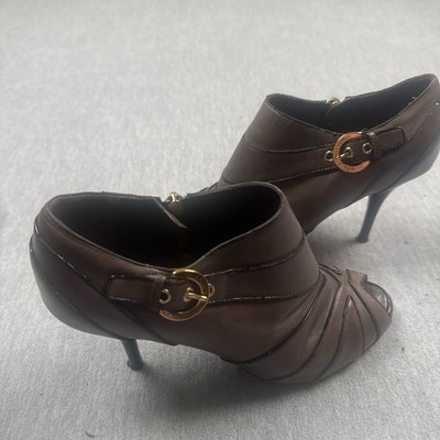 Louis Vuitton Bootie Heels Womens 37 Brown Open Toe Ankle Leather Marlene 100mm