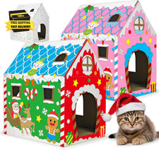Christmas Cardboard Cat House with Scratcher DIY Coloring Pet Gingerbread Board