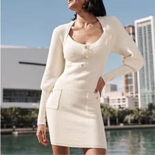 NEW Express Square Neck Balloon Sleeve Novelty Button Mini Sweater Dress Medium