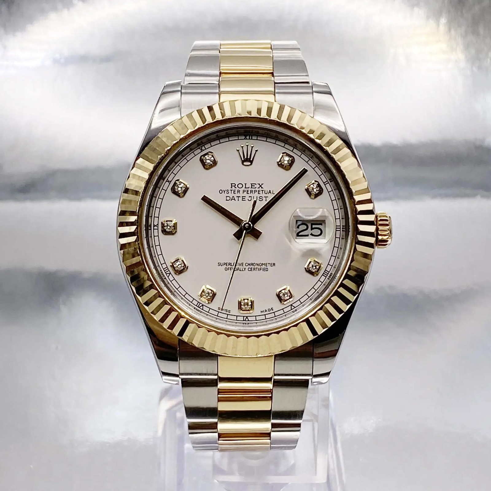 Rolex Datejust II 116333 Yellow Gold Steel Cream/White Diamond Dial Watch B&P