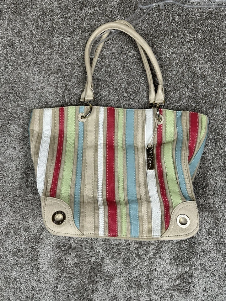 Sigrid Olsen Leather Tote Bag Purse Shoulder Coastal Preppy Colorblock Stripes - Image 2 of 4